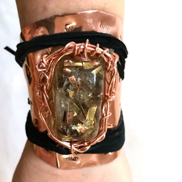Conceptual Subculture Jewelry - Herkimer Diamond Crystal Cuff Wrap Bracelet Leather Copper Ketoh Orgonite Reiki